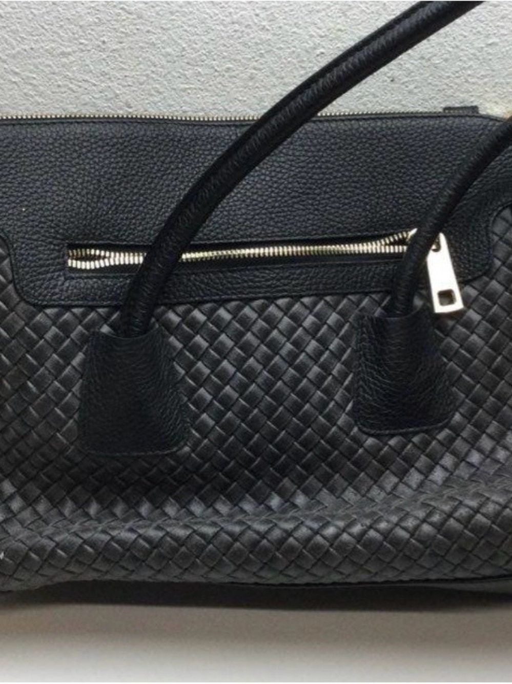 Italian Leather Woven Handbag Black Top Handle Crossbody Made in Italy Purse